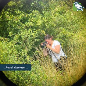 Svea liest einen Wasserpegel am Bienener Altrhein ab. Sie benutzt dazu eine Fotokamera, um die Zahlen besser ablesen zu können und wurde dabei durch ein Fernglas fotografiert.